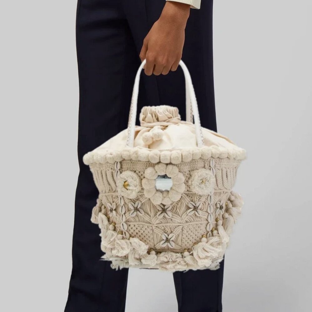 FIGUE Tuktuk Cotton Canvas Tote Bag Bohemian Style Cowrie Shells Pom Pom Purse - Picture 7 of 7